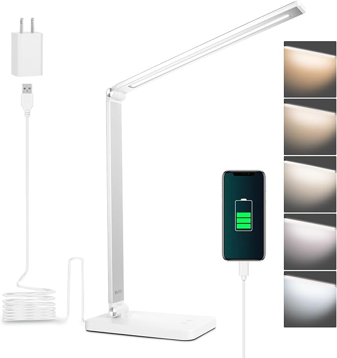 mafiti LED Desk Lamp for Home Office,Touch Desk Light 5 Light Modes 3 Brightness,Foldable Table Lamp with Adjustable Arm,Eye-Caring Lamp with USB Port, Bedside Lamp for Working Reading Study,White - LeafyLoom