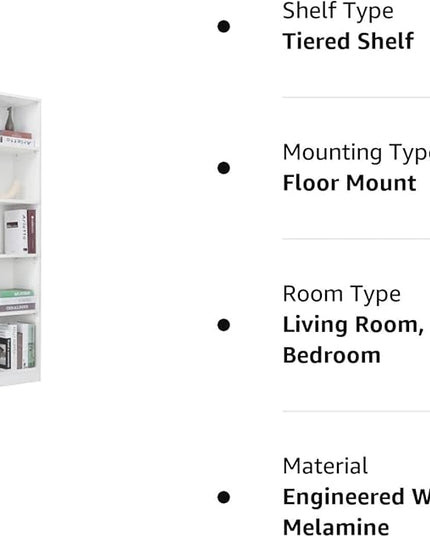 5 Shelf Wood Bookcase Freestanding Display Shelf Adjustable Layers Bookshelf for Home Office Library Small Narrow Space (White, 5-Layers,24.4W x 11.6D x 68.9H inch) - LeafyLoom