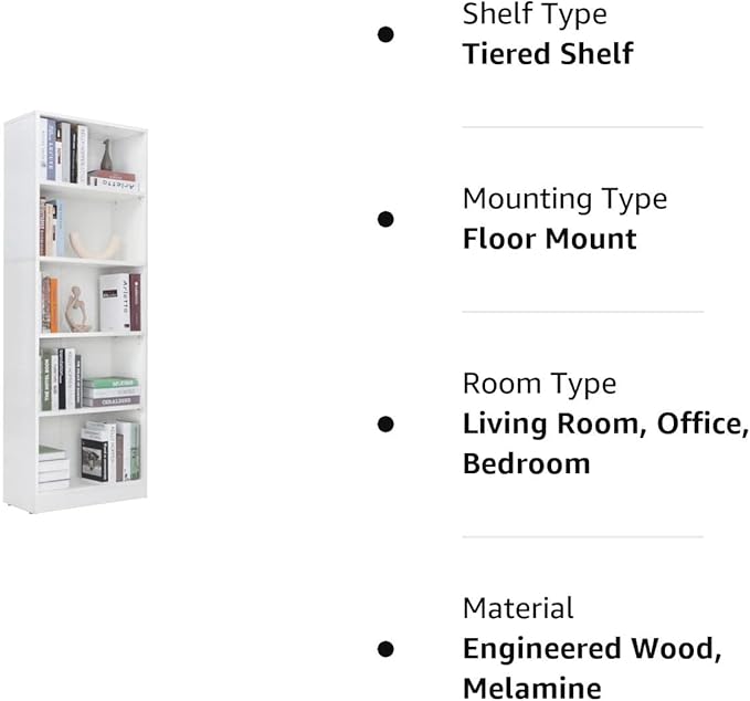 5 Shelf Wood Bookcase Freestanding Display Shelf Adjustable Layers Bookshelf for Home Office Library Small Narrow Space (White, 5-Layers,24.4W x 11.6D x 68.9H inch) - LeafyLoom
