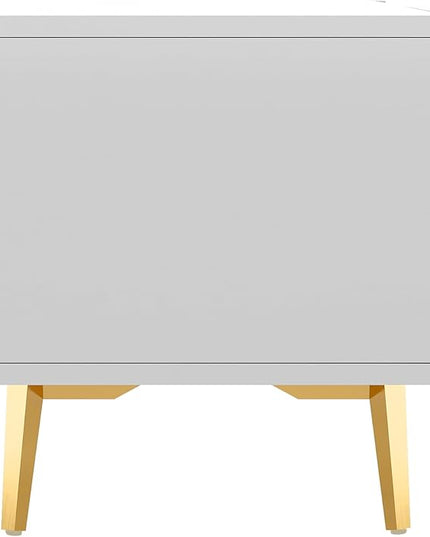 71 Inch TV Stand, Modern Television Stands with Drawers, Cabinets and Open Shelf, Entertainment Center with 5 Champagne Legs for Living Room and Bedroom, White+Gold - LeafyLoom