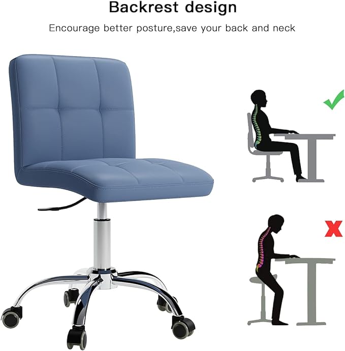 360° Office Desk Chair,PU Adjustable Rolling Task Chair with Backrest for Barber,Office,Home, Computer,360° Swivel,Armless (blue) - LeafyLoom