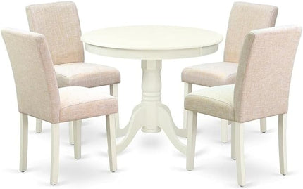 East West Furniture ANAB5-LWH-02 Antique 5 Piece Dining Set for 4 Includes a Round Kitchen Table with Pedestal and 4 Light Beige Linen Fabric Upholstered Chairs, 36x36 Inch - LeafyLoom