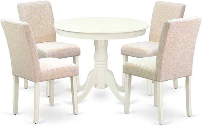 East West Furniture ANAB5-LWH-02 Antique 5 Piece Dining Set for 4 Includes a Round Kitchen Table with Pedestal and 4 Light Beige Linen Fabric Upholstered Chairs, 36x36 Inch - LeafyLoom