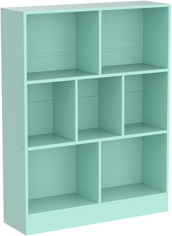 LEYAOYAO 7 Cube Bookshelf with Base,3 Tier Modern Mint-Green Kids Bookcase,Standing Wide Bookshelves Storage Organizer Toy Shelf,Wood Display Children's Book Shelves for Bedroom,Living Room,Nursery - LeafyLoom