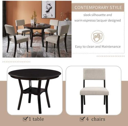 5 Piece, Indoor Modern Wood Set with Round Table, 4 Upholstered Chairs for Kitchen Dining Room, Espresso & Beige - LeafyLoom