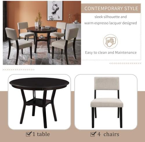 5 Piece, Indoor Modern Wood Set with Round Table, 4 Upholstered Chairs for Kitchen Dining Room, Espresso & Beige - LeafyLoom