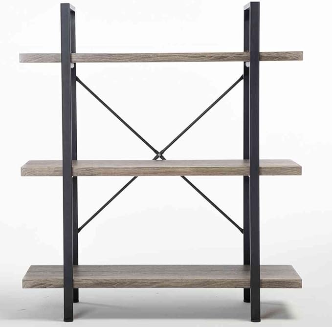 HSH 3-Shelf Bookcase, Rustic Gray 3 tier Bookshelf, Vintage Industrial Wooden and Metal Display and Storage Bookshelves Tower for Home Office Livingroom Bedroom Light Grey Oak - LeafyLoom