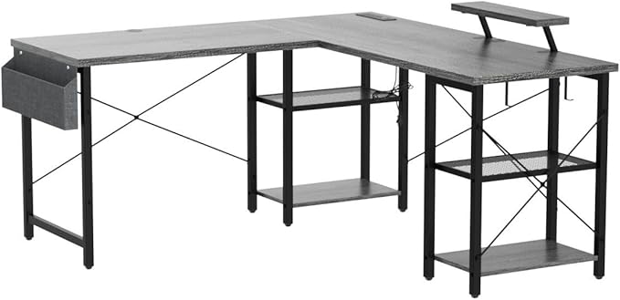 Aheaplus L Shaped Desk with Outlet and USB Charging Ports, L-Shaped Desk with Storage Shelves Reversible Corner Computer Desk 2 Person Long Table with Monitor Stand Gaming Home Office Desk, Oak - LeafyLoom