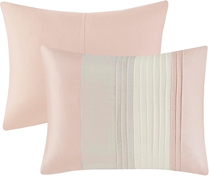 Madison Park Amherst Faux Silk Comforter Set-Casual Contemporary Design All Season Down Alternative Bedding, Matching Shams, Bedskirt, Decorative Pillows, Queen (90 in x 90 in), Blush/Taupe 7 Piece - LeafyLoom