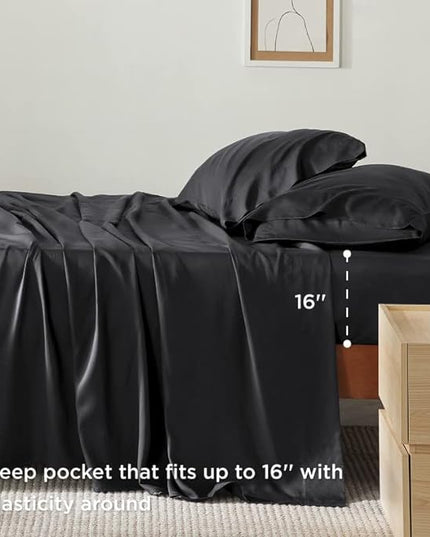 Bedsure King Size Sheet Set, Cooling Sheets King, Rayon Derived from Bamboo, Deep Pocket Up to 16", Breathable & Soft Bed Sheets, Hotel Luxury Silky Bedding Sheets & Pillowcases, Black - LeafyLoom