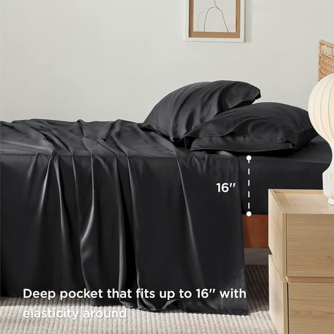 Bedsure King Size Sheet Set, Cooling Sheets King, Rayon Derived from Bamboo, Deep Pocket Up to 16", Breathable & Soft Bed Sheets, Hotel Luxury Silky Bedding Sheets & Pillowcases, Black - LeafyLoom