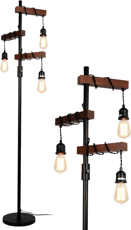 Airposta Industrial Floor Lamp, Farmhouse Tree 68 Inch 3 Lights Wood Standing Lamp, Sturdy Base Tall Vintage Metal Black Pole Light for Living Room Bedroom Office Rustic Home - LeafyLoom