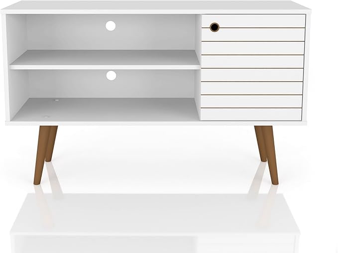 Manhattan Comfort Liberty Mid Century Modern TV Stand for Televisions up to 46 Inches, Bedroom and Living Room Entertainment Center with Storage, Shelves, and Cabinet, 43" Wide, White - LeafyLoom