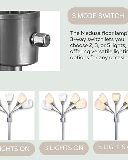 Floor Lamp For Bedroom Multi Head 5 Light Bright Floor Lamp - Medusa 5 Light Standing Lamp -floor Lamps For Bedroom Spider Lamp 5 Acrylic White Shades Standing Light Spider Lamp Silver Floor Lamp - LeafyLoom