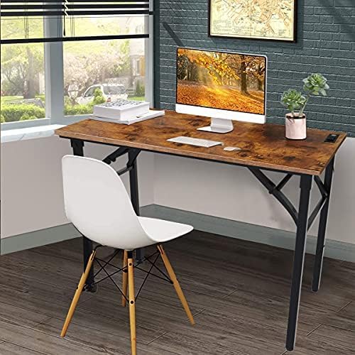 TEMI Folding Desk with USB & Socket 31.5", Computer Desk with Outlet for Home Office, Folding Table for Bedroom, Office Desk for Small Space, Small Desk with Black Frame, Rustic Brown - LeafyLoom
