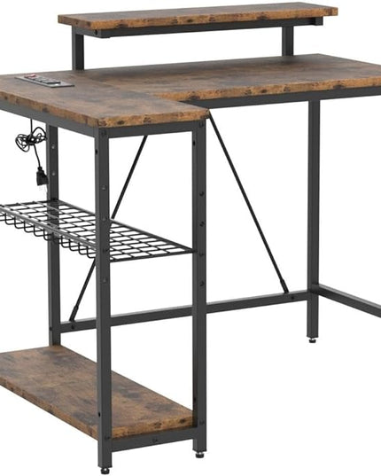 Bestier Small L Shaped Desk with Charging Port & LED Strip,Modern Computer Desk with Reversible Storage Shelves,Corner Desk with Hooks for Bedroom Office Studio Workstation,Rustic Brown - LeafyLoom