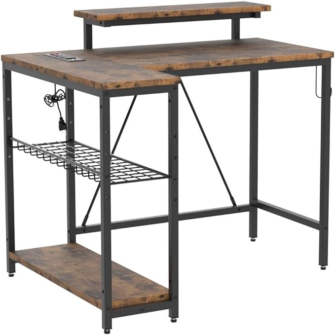 Bestier Small L Shaped Desk with Charging Port & LED Strip,Modern Computer Desk with Reversible Storage Shelves,Corner Desk with Hooks for Bedroom Office Studio Workstation,Rustic Brown - LeafyLoom