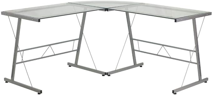 Flash Furniture Ginny L-Shaped Desk 83.5" Computer Corner Desk, Gaming Corner Desk, Home Office Corner Desk, Gaming Desk, Space Saving, Easy to Assemble, Clear - LeafyLoom