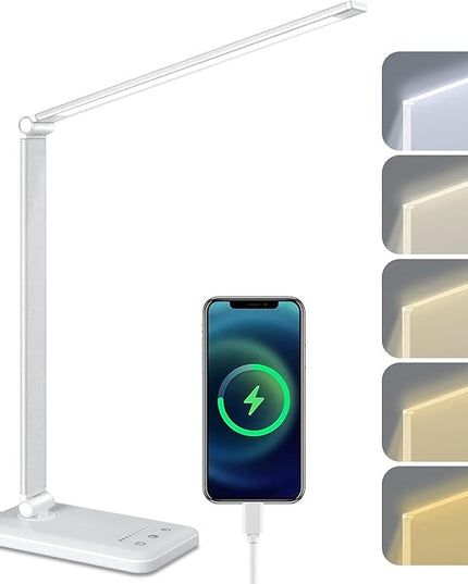 Linkstyle LED Desk Lamp, Table Light with USB Charging Port, Foldable Dimmable 5 Modes 10 Brightness Levels Touch Control Desk Light Auto Timer Eye Caring Book Reading Lamps for Home Office - LeafyLoom