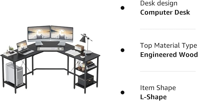 CubiCubi L Shaped Desk, 59.1 inch Computer Corner Desk with 2 Storage Shelves, Home Office Desk for Writing Gaming Study, Black - LeafyLoom