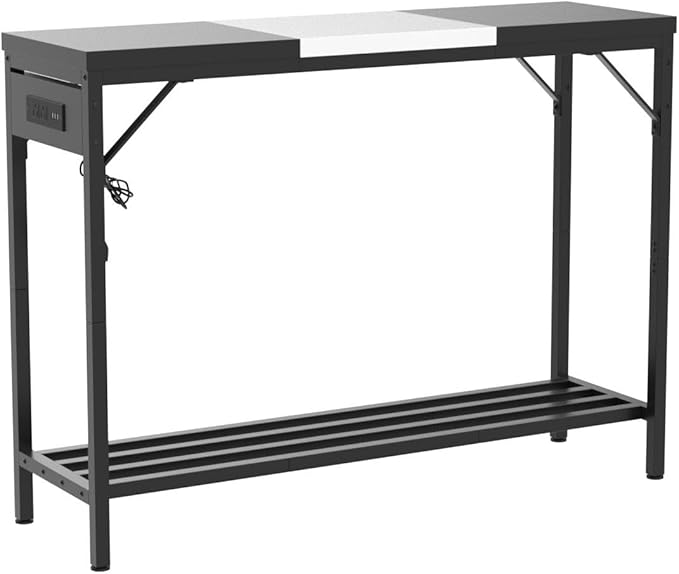 Narrow Console Table with Power Strips, Sofa Table with Storage Shelves for Living Room, 2-Tier Foyer Table for Entryway, Hallway, Behind Couch, Kitchen Counter, 39'', Black & White - LeafyLoom