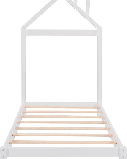 Twin Bed Frame/Kids Bed Frames with Headboard and Slats, Wood Platform Bed with House Shaped Headboard, Twin Size Bed for Kids, Boys, Girls, No Box Spring Needed(White) - LeafyLoom