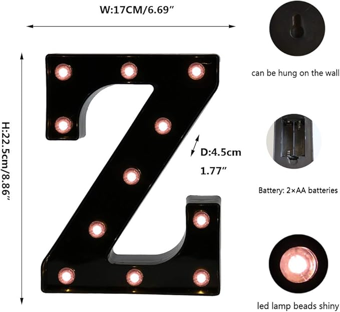 Light Up Black Alphabet Marquee Letters Sign LED Marquee Number Lights Sign for Night Light Home Bar Christmas Lamp Birthday Party Wedding Decoration Z - LeafyLoom