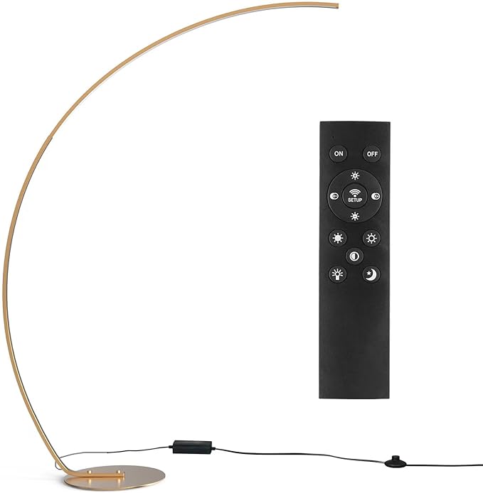 NUÜR Arc Floor Lamp, 67" Tall Gold LED Modern Standing Floor Lamp with Remote Control, Arched Bright Floor Lamps for Living Room Bedroom Office Home - LeafyLoom
