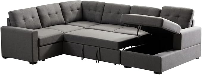 LOVMOR Living Room U Shape Large Sectional Sofa with Pull Out Sleeper Bed, Storage Chaise, Corner Couch with Arms and 2 Cup Holder for Home Furniture, Apartment, Dorm, Dark Gray, 90 Inch - LeafyLoom