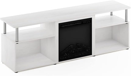 Furinno Jensen Open Storage Fireplace Entertainment Center for TV up to 70 Inch with Stainless Steel Tubes, White Oak/Chrome - LeafyLoom