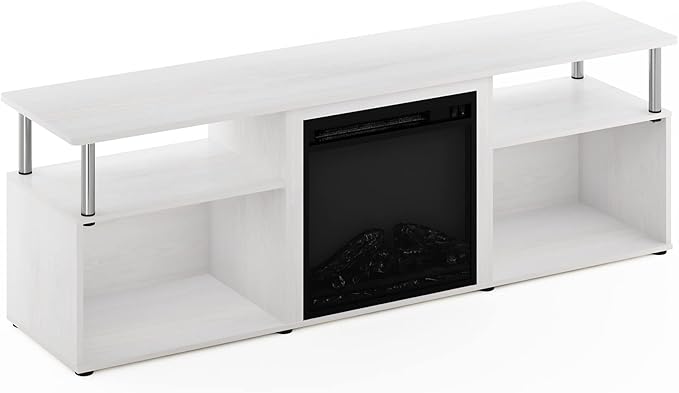 Furinno Jensen Open Storage Fireplace Entertainment Center for TV up to 70 Inch with Stainless Steel Tubes, White Oak/Chrome - LeafyLoom