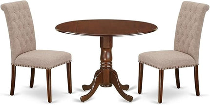 East West Furniture DLBR3-MAH-04 3 Piece Dining Room Furniture Set Contains a Round Dining Table with Dropleaf and 2 Light Tan Linen Fabric Parsons Chairs, 42x42 Inch, Mahogany - LeafyLoom