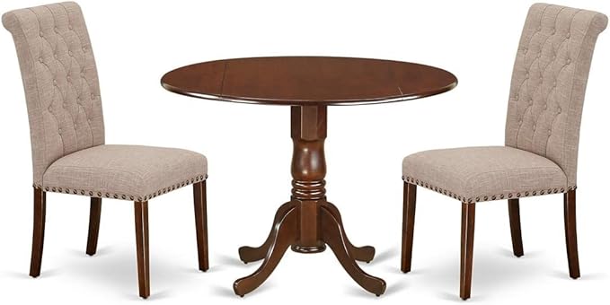 East West Furniture DLBR3-MAH-04 3 Piece Dining Room Furniture Set Contains a Round Dining Table with Dropleaf and 2 Light Tan Linen Fabric Parsons Chairs, 42x42 Inch, Mahogany - LeafyLoom