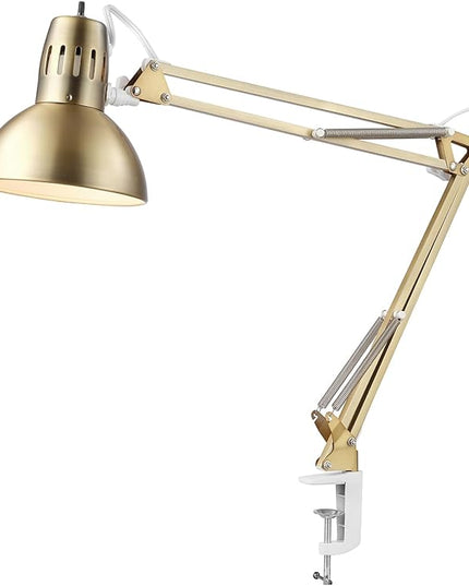 Globe Electric 62000010 32" Multi-Joint Desk Lamp with Metal Clamp, Matte Brass, White Accents, On/Off Rotary Switch on Shade, Partially Adjustable Swing Arm, Home Décor, Office Accessory - LeafyLoom