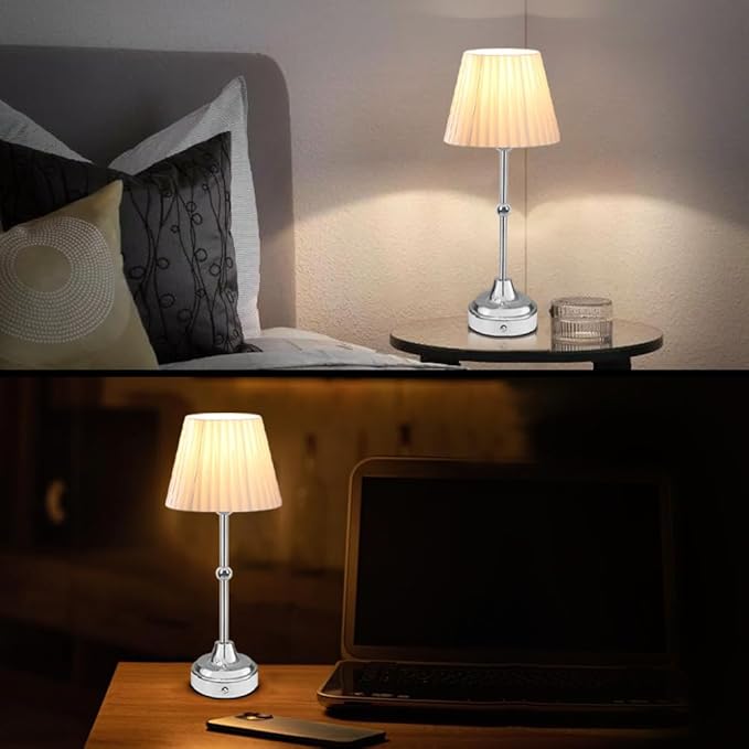 Cordless Metal Table Lamp,Touch Sensor Control Portable LED Table Lamp,3-Levels Brightness Rechargeable Bedside Lamp,Night Light for Kids Nursery,Dining Room Lamp (Silver) - LeafyLoom