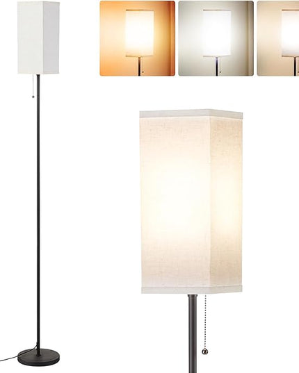Tall Floor Lamp with Linen Shade - 3 Color Temperature, Black, LED Bulbs, Pull Chain Switch, Easy Assembly - LeafyLoom