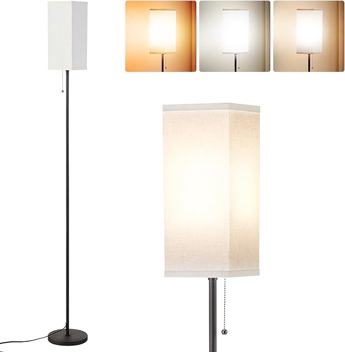 Tall Floor Lamp with Linen Shade - 3 Color Temperature, Black, LED Bulbs, Pull Chain Switch, Easy Assembly - LeafyLoom