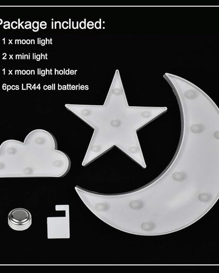 GUOCHENG Lovely White Moon Star Cloud Light Set Battery Operated LED Marquee Light Sign Warm White Bedside Lamps for Kids Children Bedroom Nursery, Baby Standing Night Light - LeafyLoom