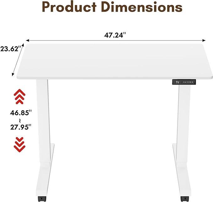 Electric Standing Desk 48 Inch, Ergonomic Height Adjustable Table with T-Shaped Metal Bracket Modern Computer Workstations for Home Office, White, 48 x 24 Inch - LeafyLoom
