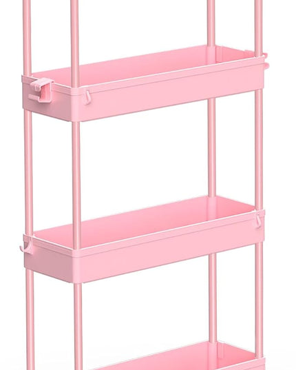 SPACEKEEPER Slim Rolling Storage Cart 4 Tier Bathroom Organizer Utility Cart Mobile Shelving Unit Tower Rack for Kitchen, Laundry Room, Bathroom, Narrow Places, Pink - LeafyLoom