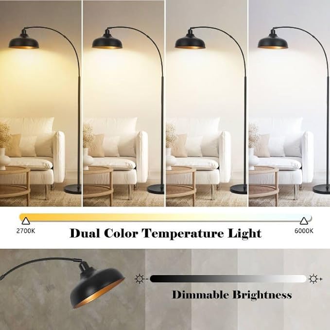 Arch Floor Lamps with Remote - Dimmable Floor Lamp 70”, Black Tall Lamp with 360° Adjustable Hanging Metal Shade, Arc Lamps Floor Standing with 9W Bulb, Over Couch Lamp for Living Room, Bedroom - LeafyLoom