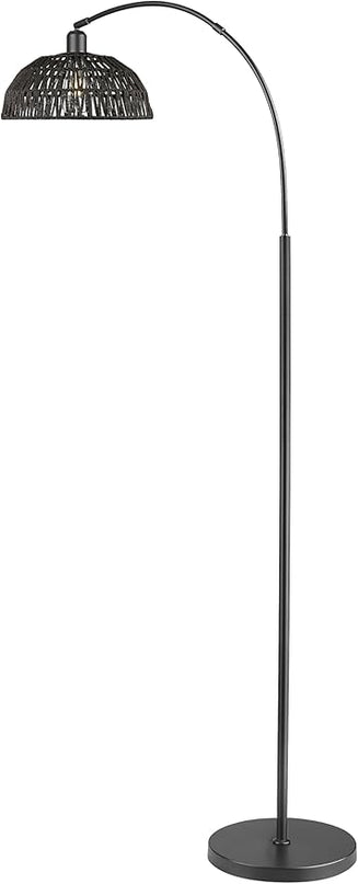Rattan Floor Lamp, Retro Boho Arc Standing Lamp with Remote Control and Dimmable Bulb Farmhouse Bamboo Lamp Shade Floor Light Industrial Tall Lamp (Black) - LeafyLoom