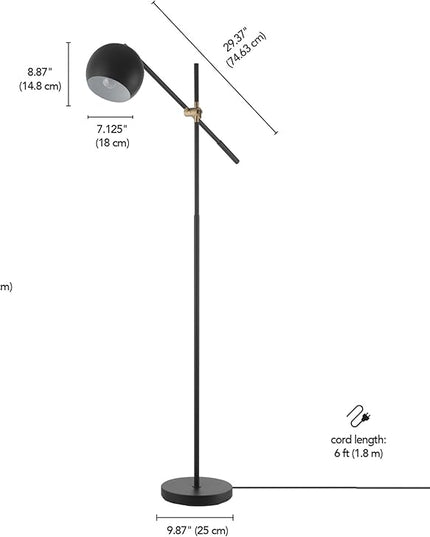 Globe Electric 65911 60" Floor Lamp, Matte Black, Brass Pivot, Matte Black Shade, in-Line On/Off Foot Switch - LeafyLoom