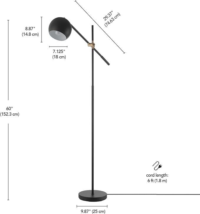Globe Electric 65911 60" Floor Lamp, Matte Black, Brass Pivot, Matte Black Shade, in-Line On/Off Foot Switch - LeafyLoom