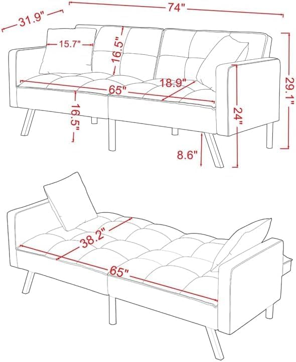 Sofa Modern Convertible Folding Lounge Couch Loveseat Daybed Living Room Furniture Sets with 2 Pillows,3 Adjustable Angles Backrest with 6 Metal Legs for Bedroom,Office-White Sofá - LeafyLoom