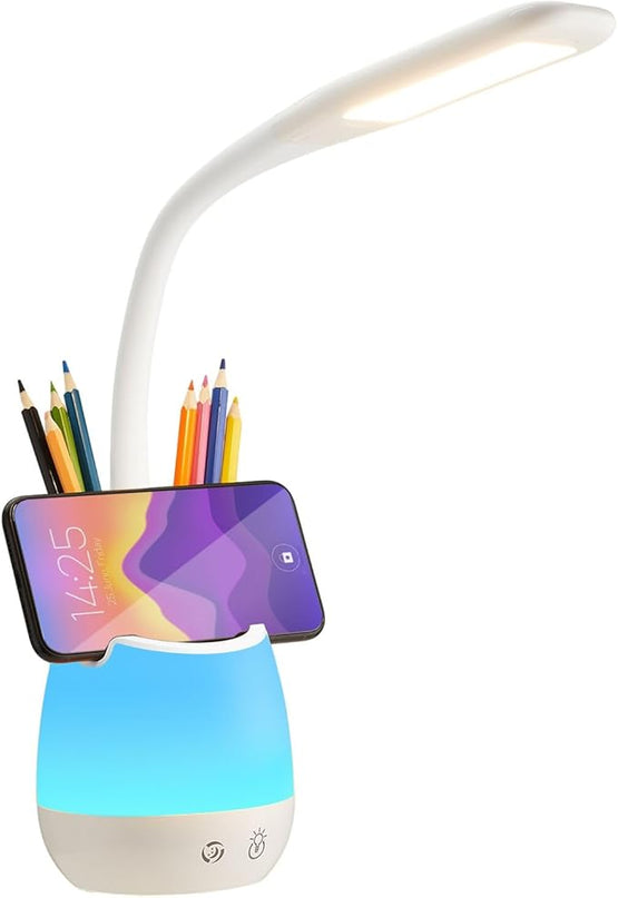 Donewin Rechargeable LED Desk Lamp with Color Changing Light, Pen and Phone Holder - Perfect Study and Reading Lamp for Kids, Teens, and Students - Great Gift for College Dorm Rooms - LeafyLoom
