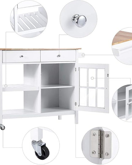 ChooChoo Rolling Kitchen Island, Portable Kitchen Cart Wood Top Kitchen Trolley with Drawers and Glass Door Cabinet, Wine Shelf, Towel Rack, White - LeafyLoom