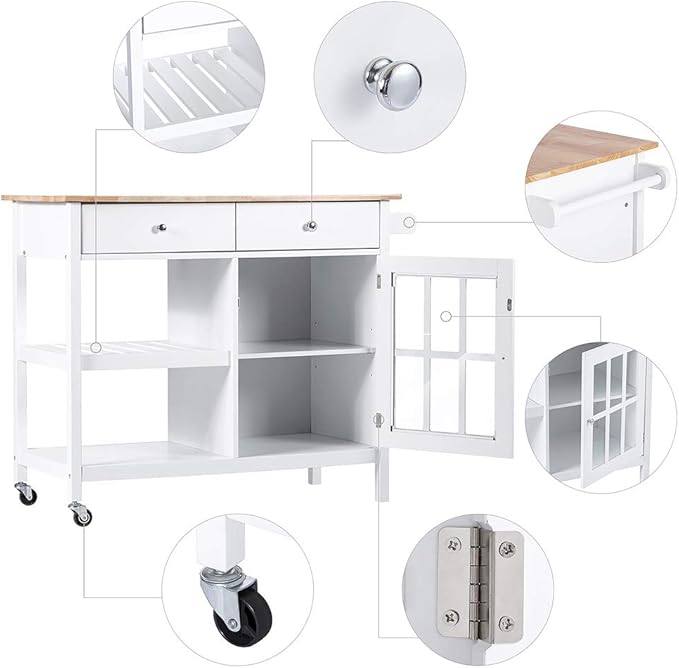 ChooChoo Rolling Kitchen Island, Portable Kitchen Cart Wood Top Kitchen Trolley with Drawers and Glass Door Cabinet, Wine Shelf, Towel Rack, White - LeafyLoom