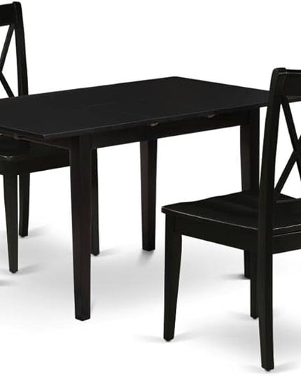 East West Furniture NOCL3-BLK-W 3 Piece Modern Dining Table Set Contains a Rectangle Wooden Table with Butterfly Leaf and 2 Dining Room Chairs, 32x54 Inch, Black - LeafyLoom