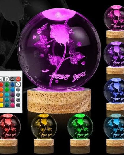 Rose Lamp Cute Gifts for Women, Large 3D Rose Night Light, Crystal Light up Rose Lamp 16 Color Changing with Remote Control for Bedroom Decor, I Love You Rose Glass - LeafyLoom